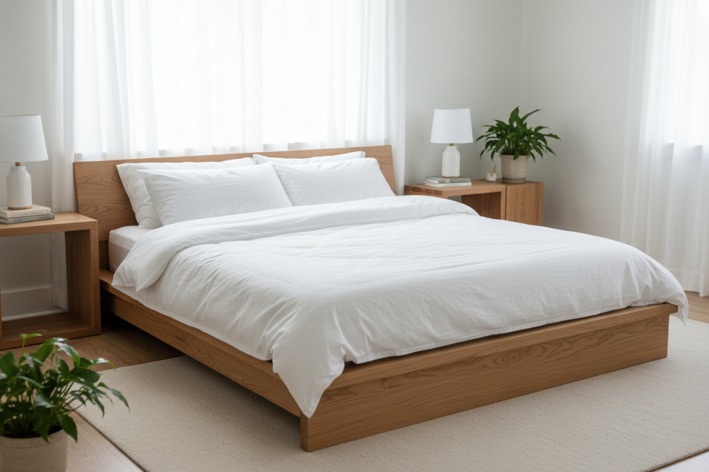 handmade wooden platform bed frame in modern bedroom
