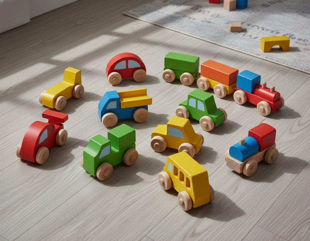 handmade wooden toy cars painted bright colors