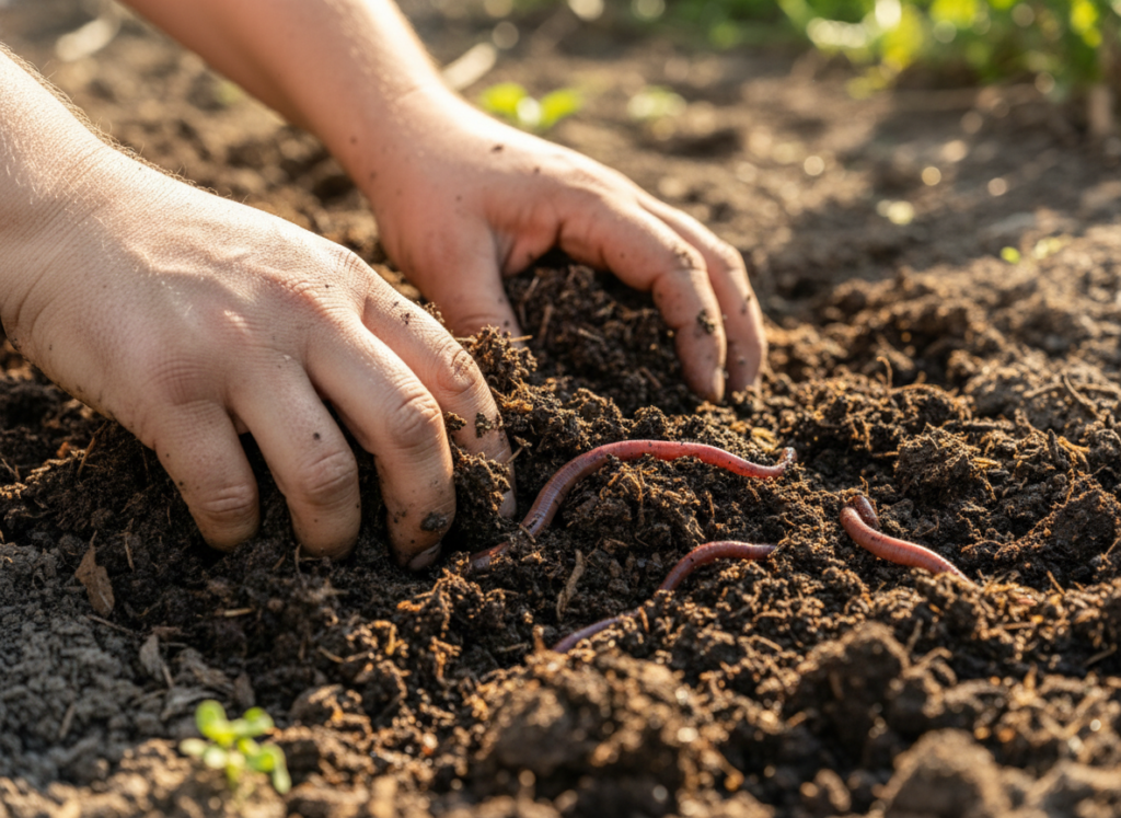 hands working rich dark compost into garden soil hands working rich dark compost into garden soil