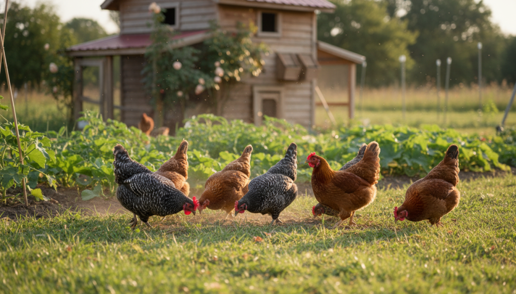 happy chickens foraging in backyard homestead setting happy chickens foraging in backyard homestead setting