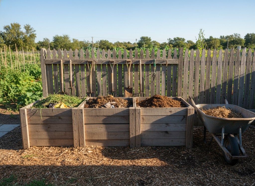 homestead composting area with three bins and garden cart homestead composting area with three bins and garden cart