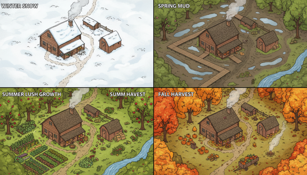 homestead layout showing seasonal access paths and winter considerations
