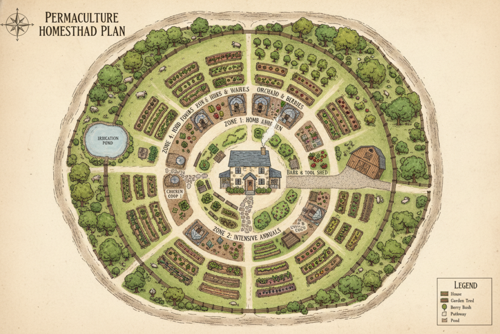 homestead layout showing zones and pathways connecting different areas homestead layout showing zones and pathways connecting different areas