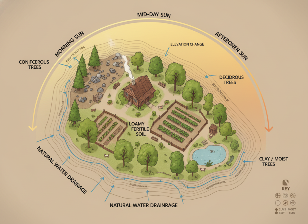 homestead property assessment showing sun exposure, water drainage, and soil types