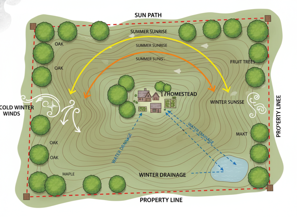 homestead property with marked zones showing sun exposure, water flow, and wind patterns homestead property with marked zones showing sun exposure, water flow, and wind patterns