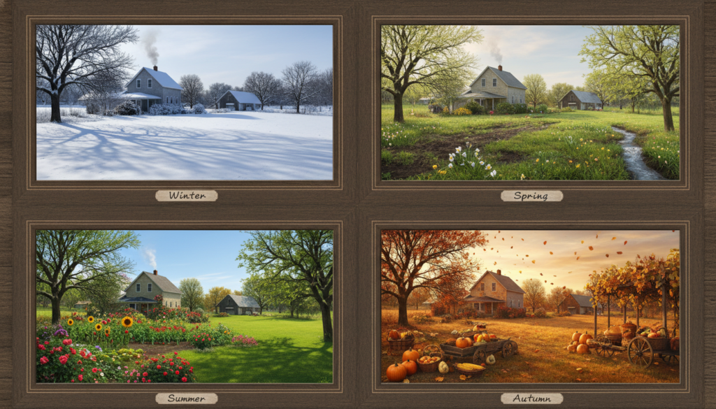 homestead shown in four seasons from same viewpoint homestead shown in four seasons from same viewpoint