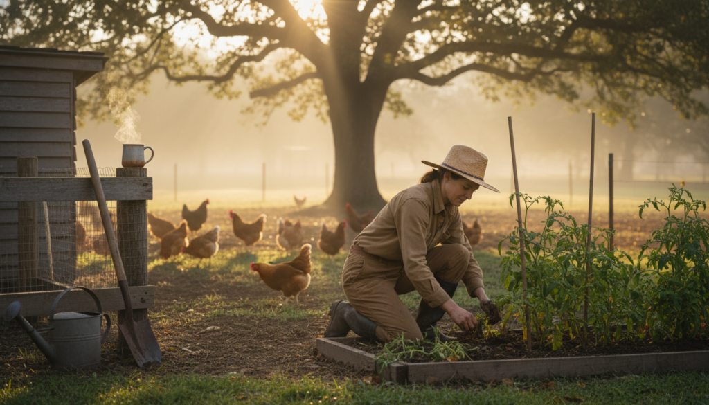 homesteader working in early morning light doing chores homesteader working in early morning light doing chores
