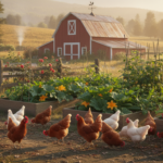 homesteading for beginners showing a rustic farm with chickens, garden beds, and a small barn