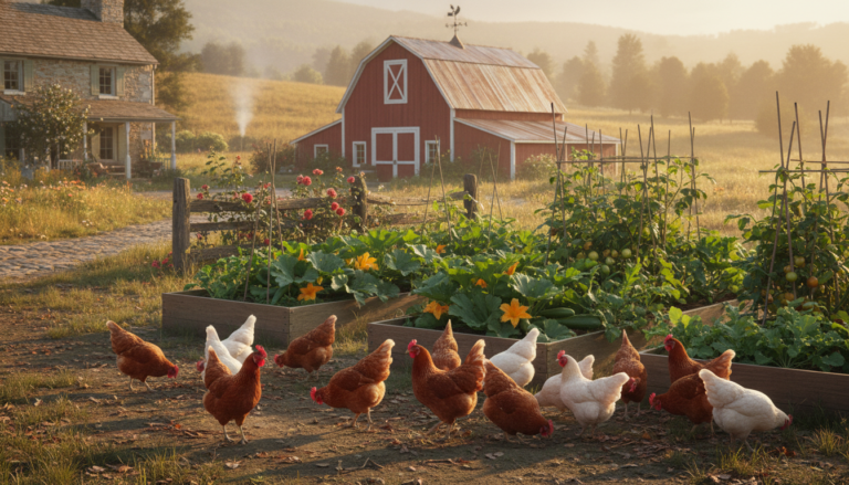 homesteading for beginners showing a rustic farm with chickens, garden beds, and a small barn