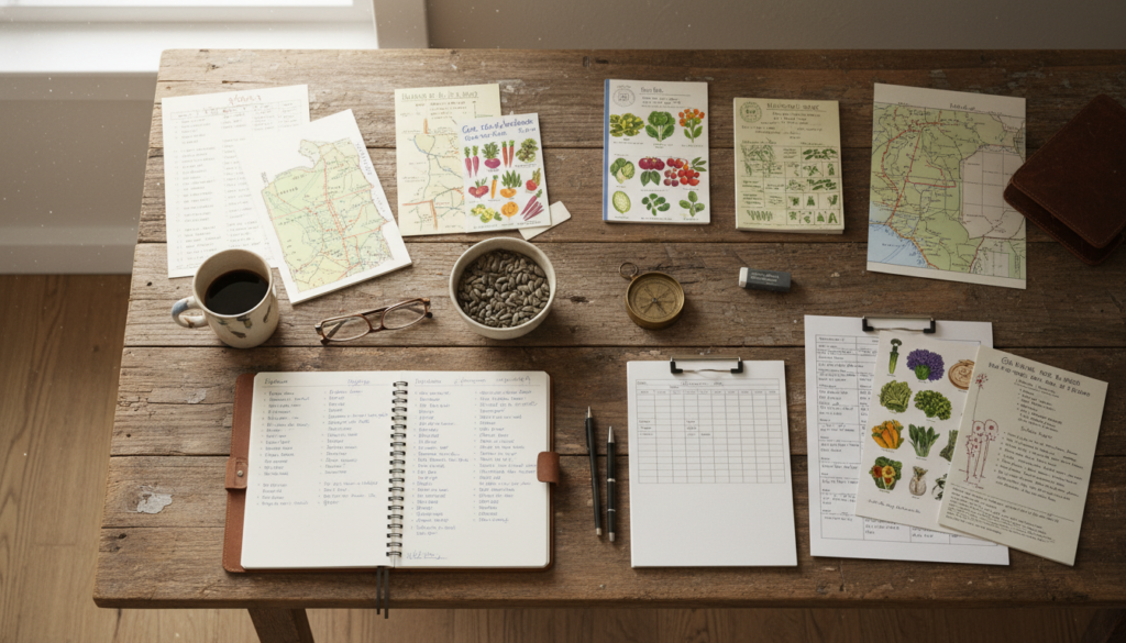 homesteading planning materials with notebooks, seed catalogs, and property maps homesteading planning materials with notebooks, seed catalogs, and property maps