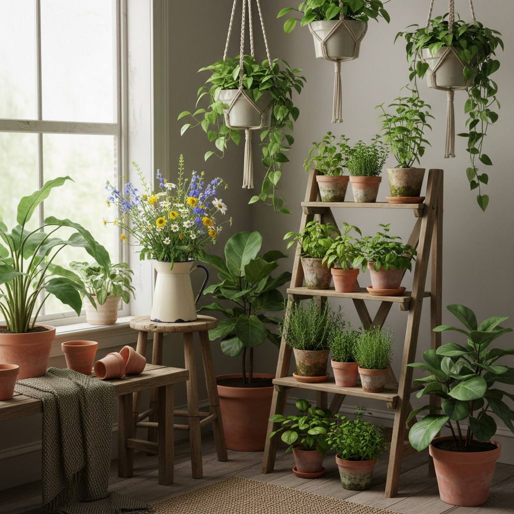 indoor plants and fresh flowers in vintage containers creating homestead aesthetic indoor garden