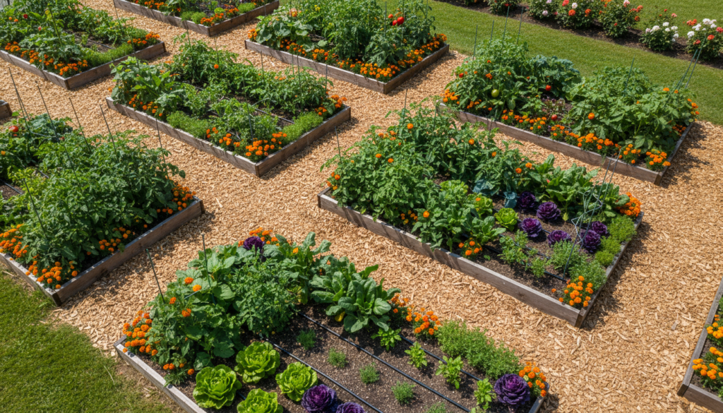 intensive raised bed vegetable garden layout with companion planting