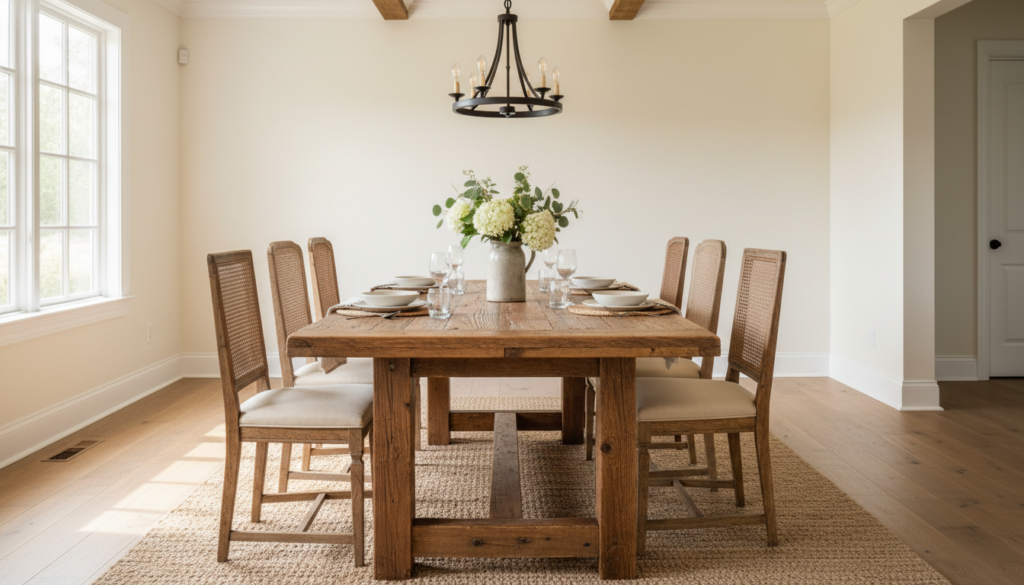 large handmade farmhouse dining table in dining room