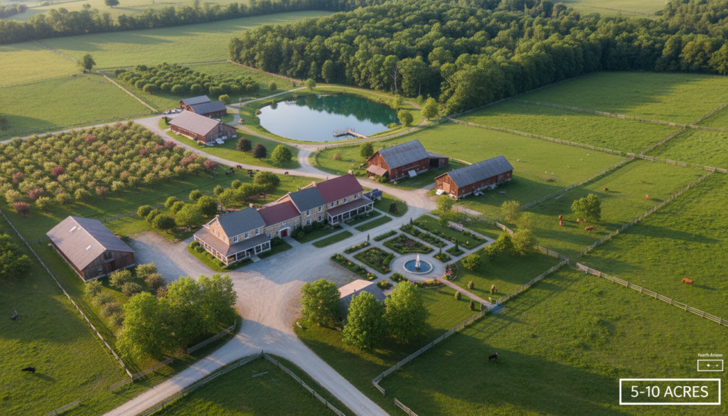 large multi-acre homestead showing distinct production zones large multi-acre homestead showing distinct production zones