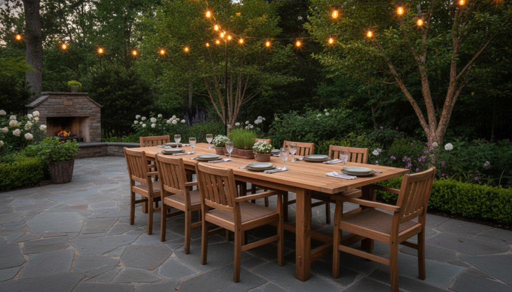 large wooden outdoor dining table set for a meal in backyard large wooden outdoor dining table set for a meal in backyard