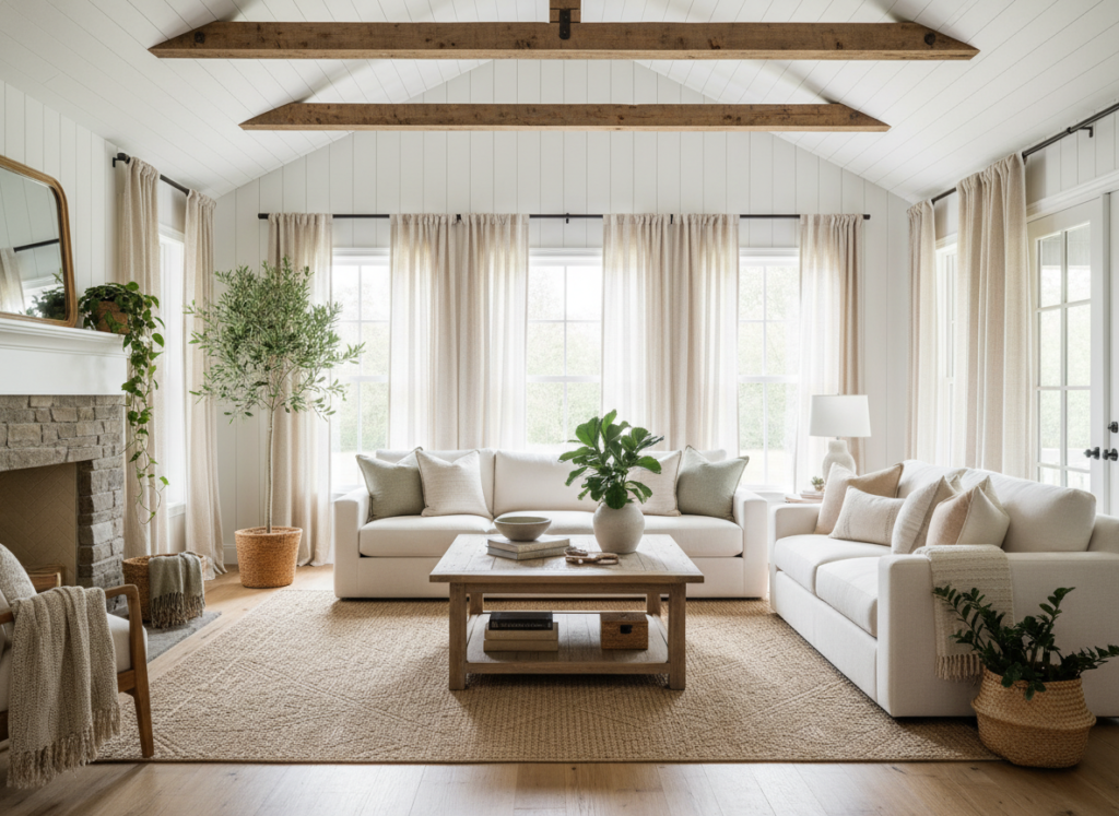 living room with exposed wooden beams and shiplap walls in homestead aesthetic style