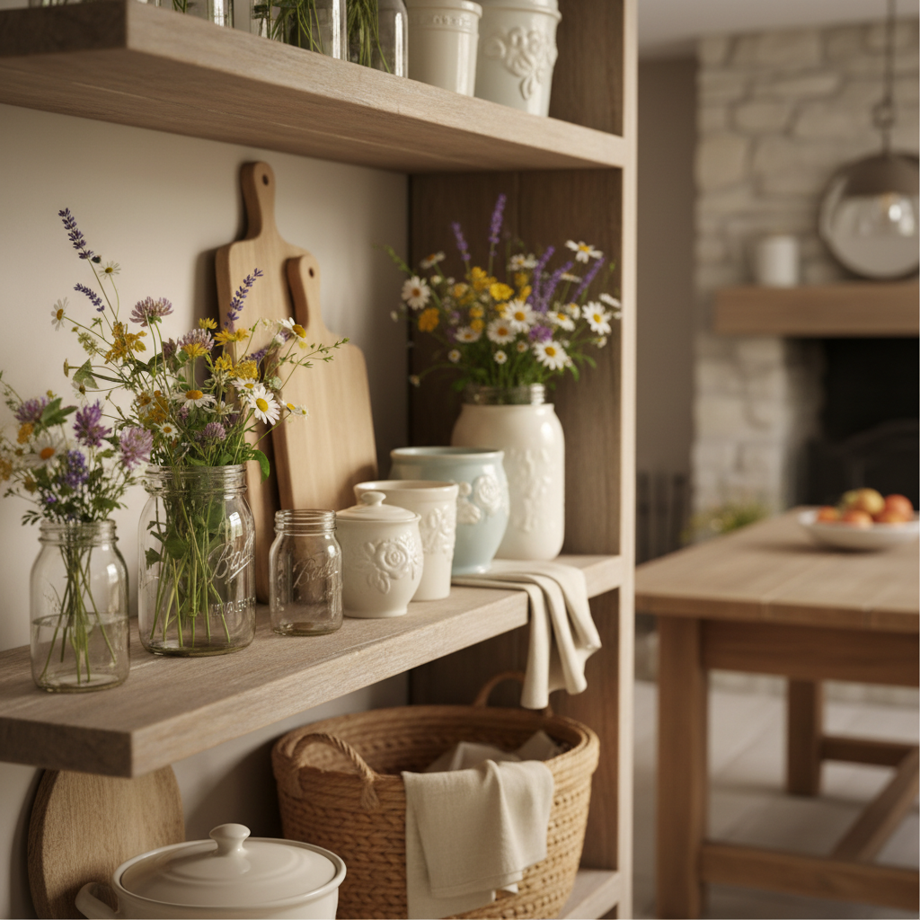 mason jars with fresh flowers on rustic wooden shelf in homestead aesthetic kitchen