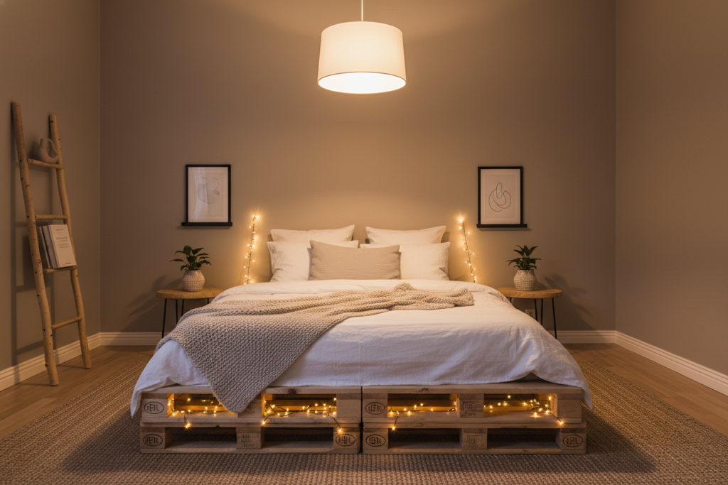 modern pallet bed frame with decorative lighting