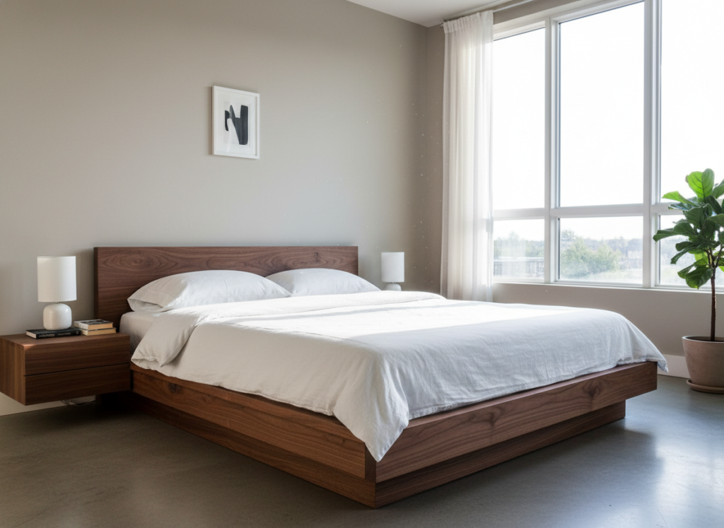 modern wooden platform bed frame in minimalist bedroom setting modern wooden platform bed frame in minimalist bedroom setting