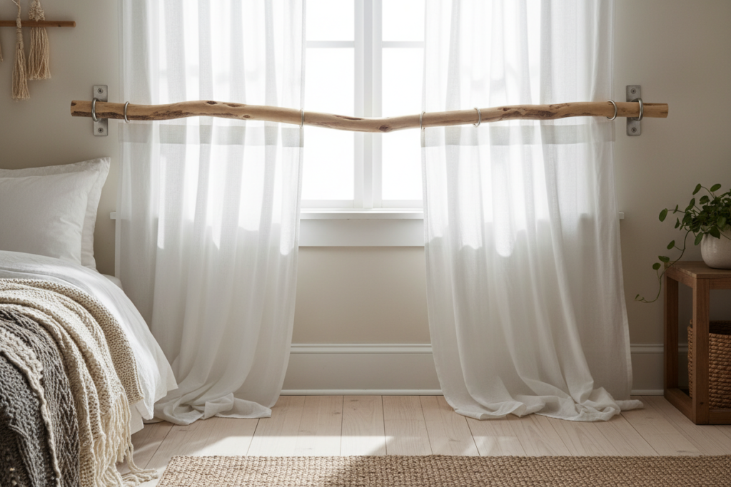 natural wood curtain rod installed above window natural wood curtain rod installed above window