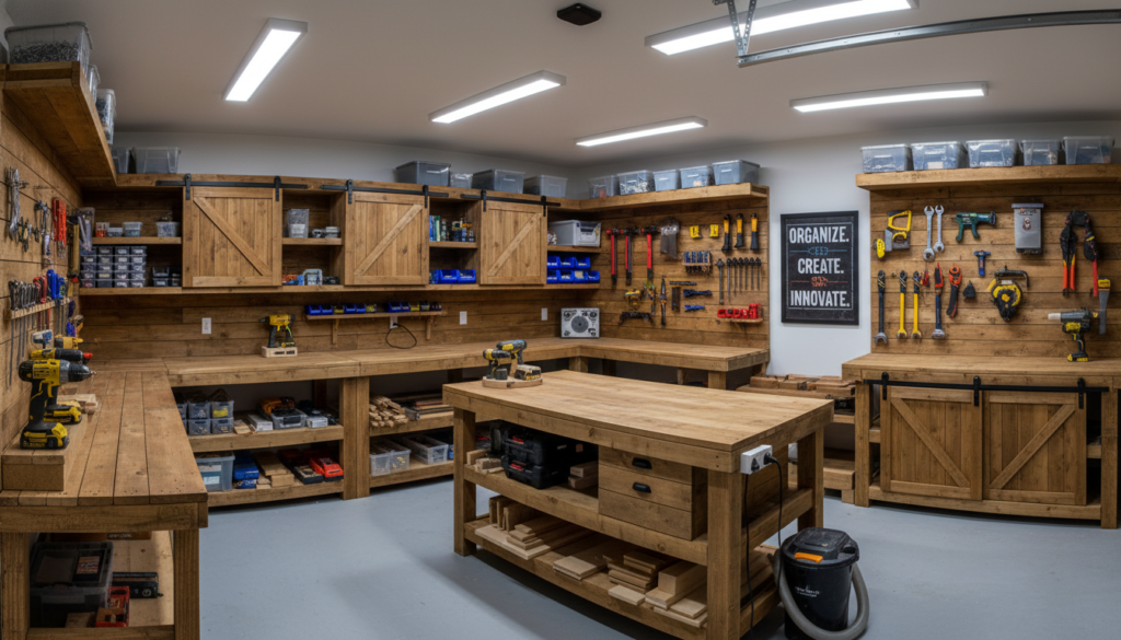 organized garage with pallet wood storage systems