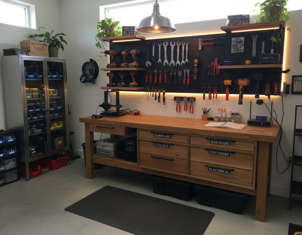 organized home workshop for wood crafts