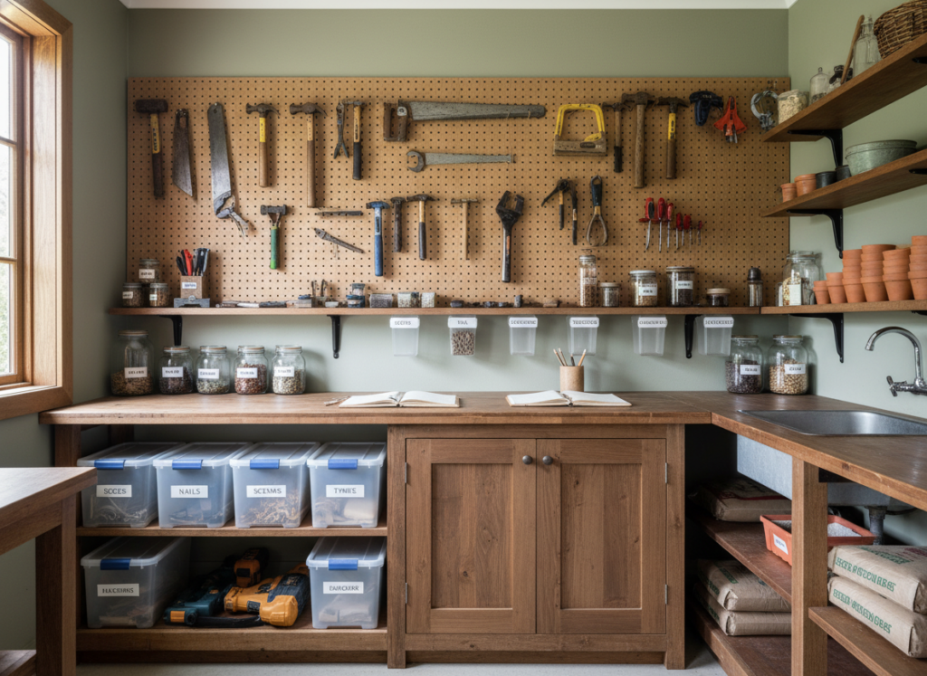 organized homestead workspace with tools and supplies organized homestead workspace with tools and supplies