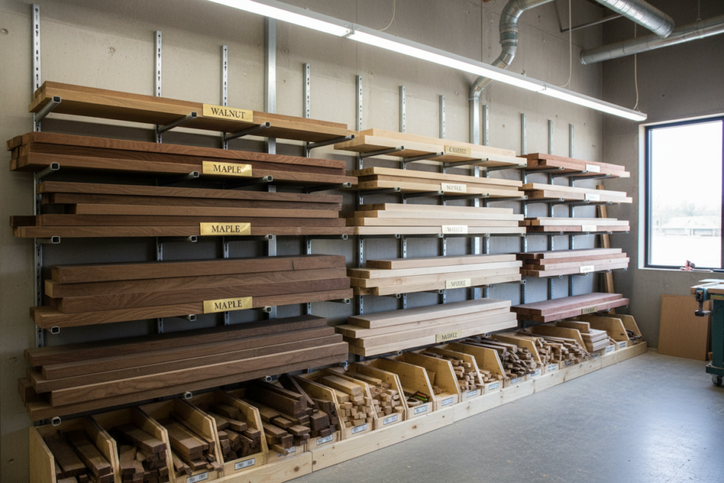 organized lumber storage rack in workshop