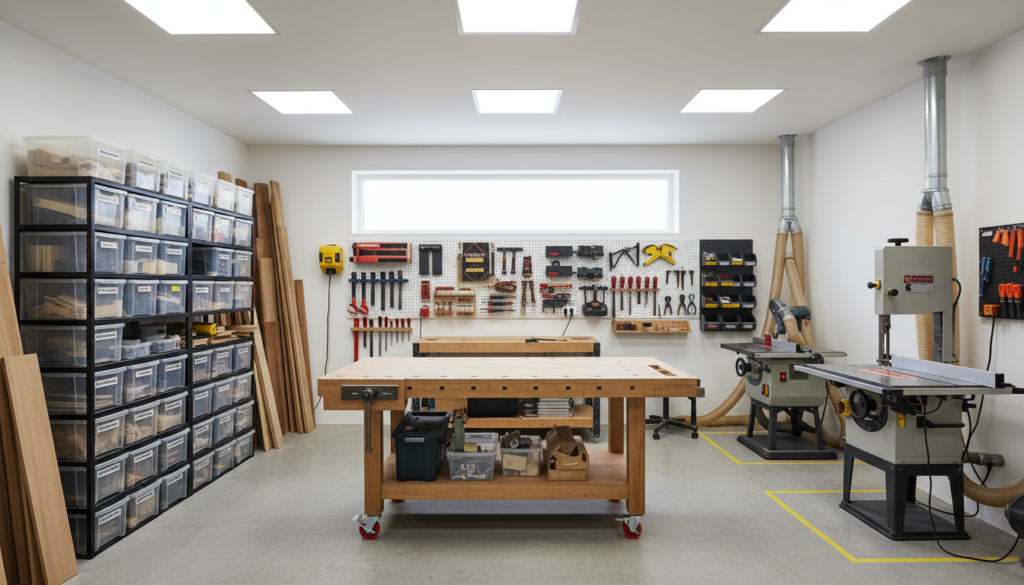 organized woodworking shop layout for efficiency