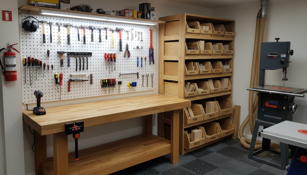 organized woodworking workshop with tools