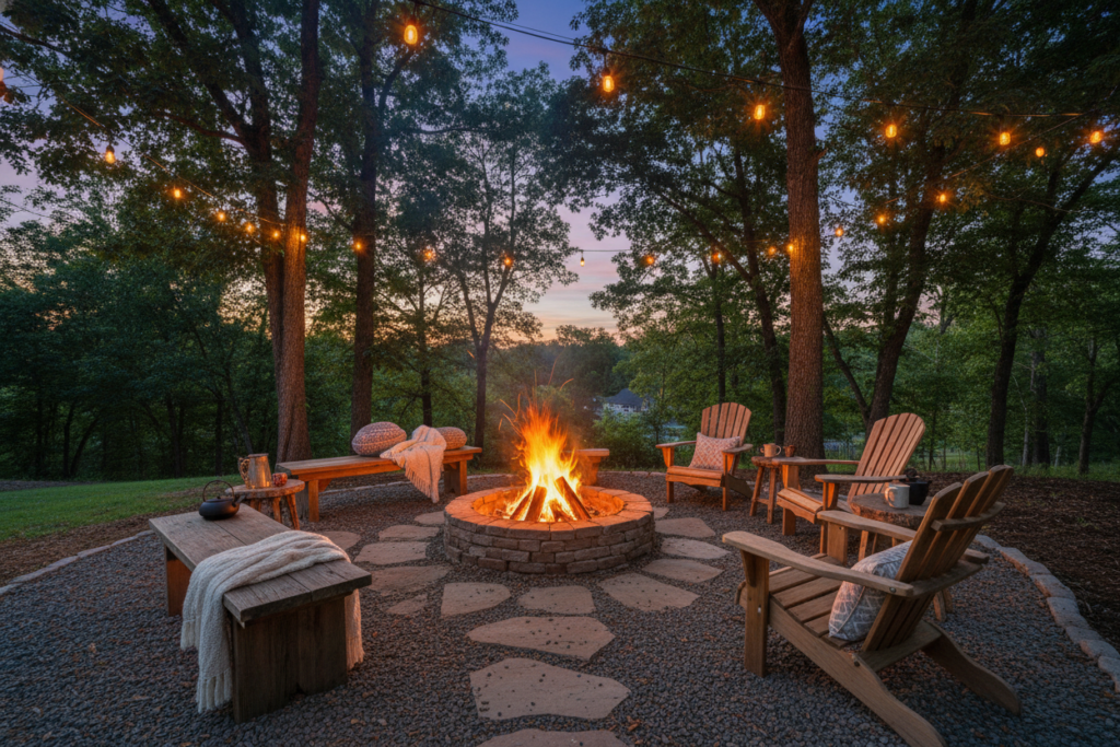 outdoor fire pit surrounded by wooden benches in a backyard outdoor fire pit surrounded by wooden benches in a backyard