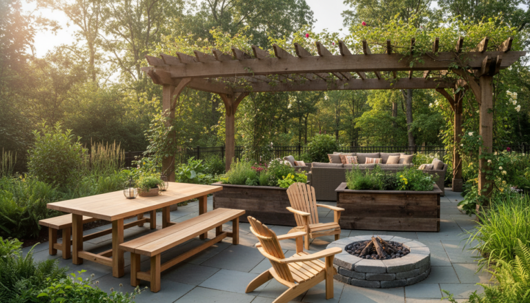 outdoor wood projects including furniture and planters arranged in a beautiful backyard setting