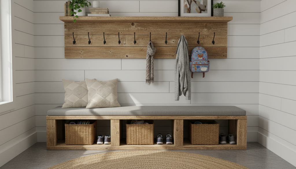 pallet mudroom organizer with bench and hooks