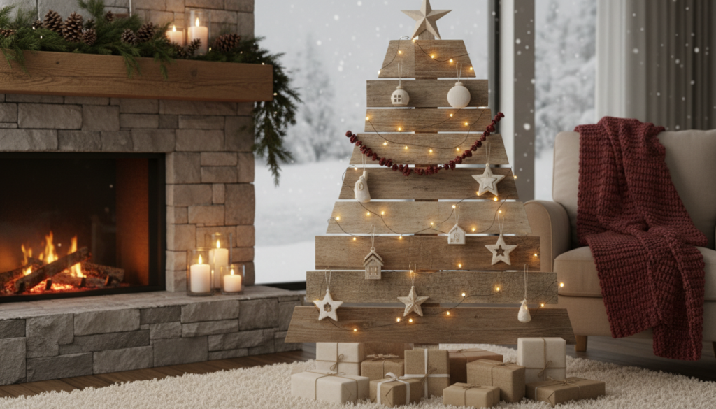 pallet wood Christmas tree with lights and decorations