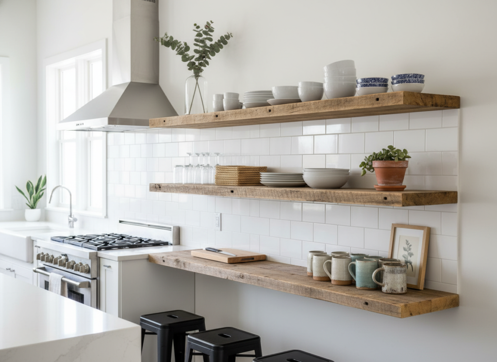 pallet wood floating shelves in kitchen