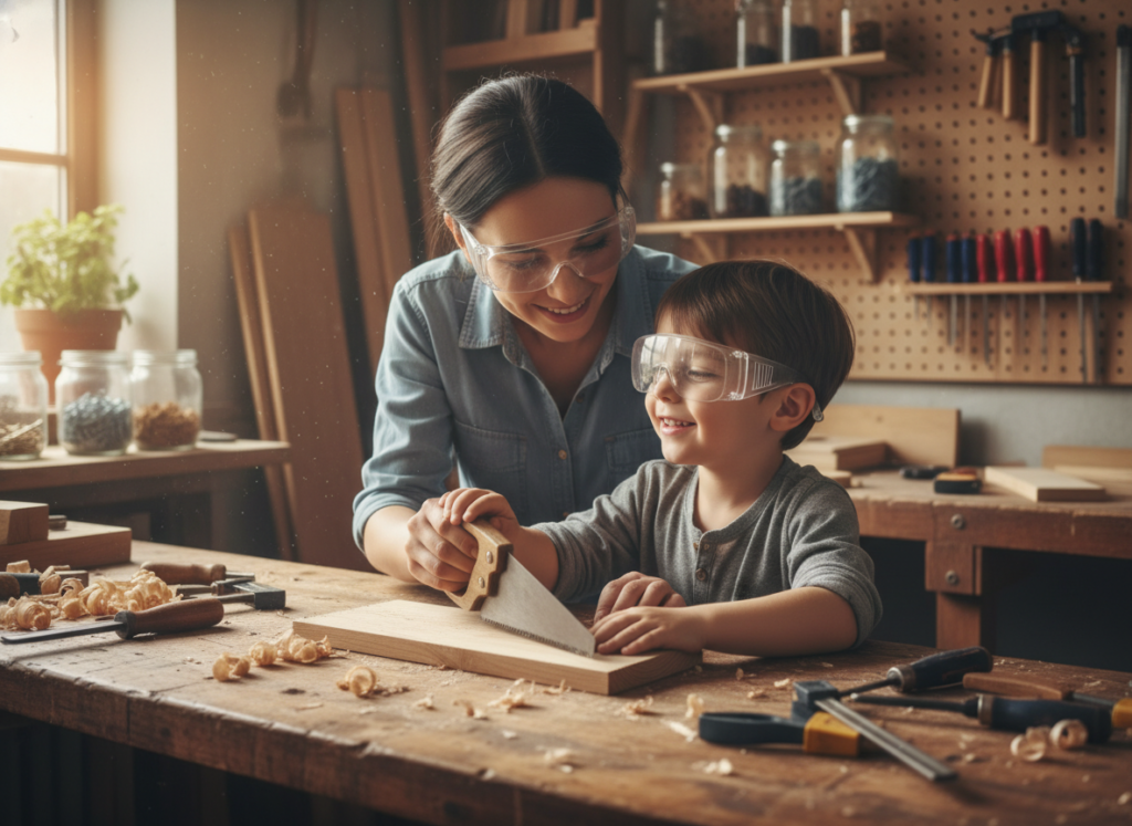 parent and child working on wood project together parent and child working on wood project together