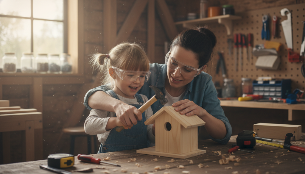 parent and child working on wood project together parent and child working on wood project together