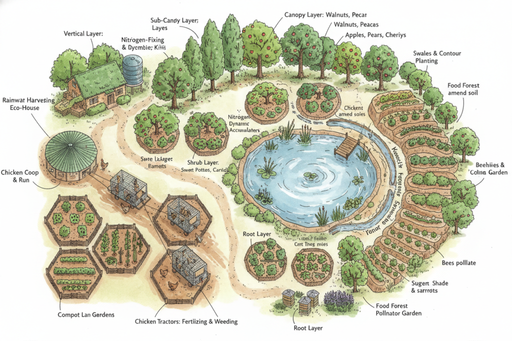 permaculture homestead showing guilds, food forest, and integrated systems permaculture homestead showing guilds, food forest, and integrated systems