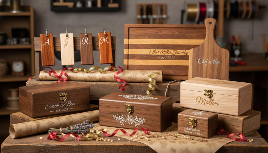 personalized wooden gift items arranged for display