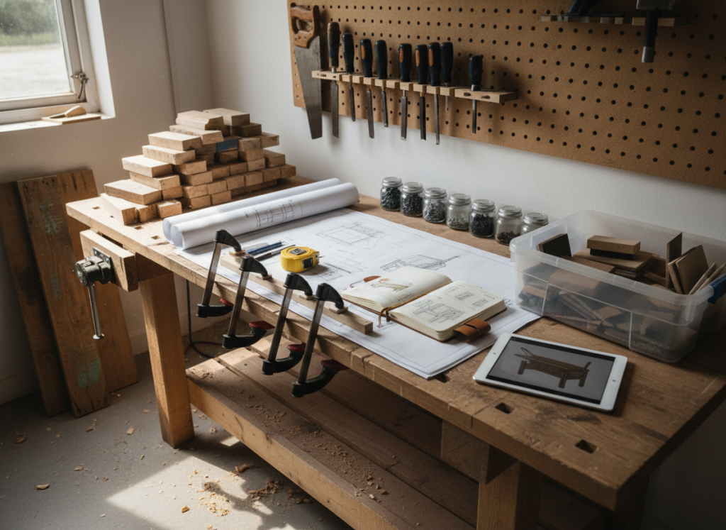 planning workspace with sketches and pallet wood samples