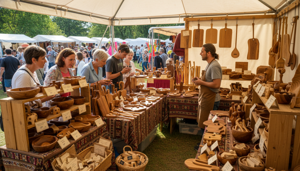 price tags on wooden craft items at market