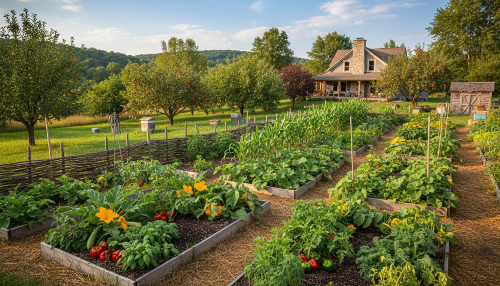 productive homestead garden with raised beds, row gardens, and fruit trees productive homestead garden with raised beds, row gardens, and fruit trees