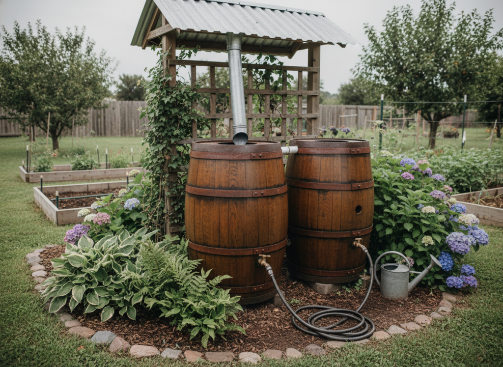 rain barrels collecting water from roof downspout rain barrels collecting water from roof downspout