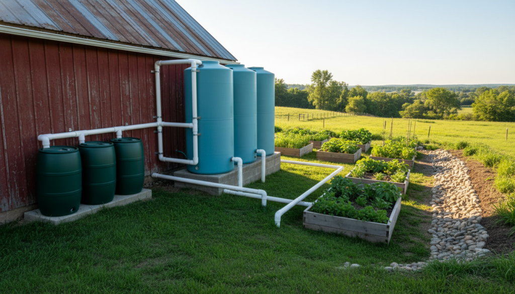rainwater collection system with storage tanks and distribution