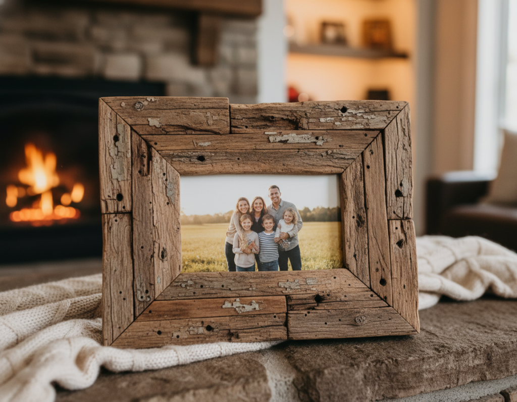 reclaimed wood picture frame displaying family photo reclaimed wood picture frame displaying family photo