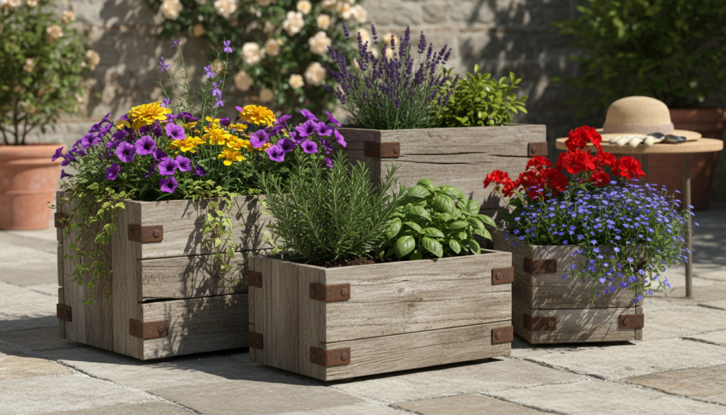 reclaimed wood planter boxes on outdoor patio reclaimed wood planter boxes on outdoor patio