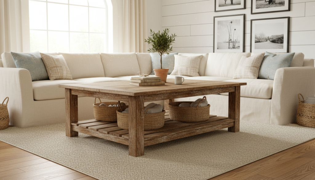 rustic farmhouse coffee table in living room with distressed wood finish rustic farmhouse coffee table in living room with distressed wood finish