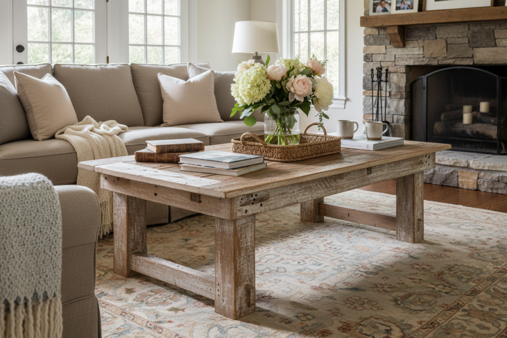 rustic farmhouse coffee table with decor