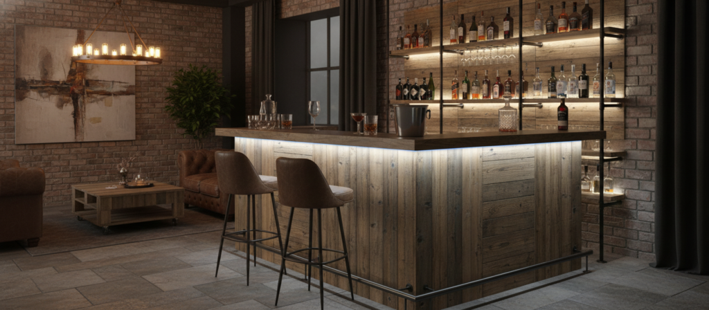 rustic indoor pallet bar with bottle display