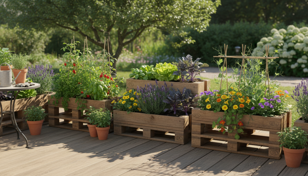 rustic pallet planter boxes with vegetables